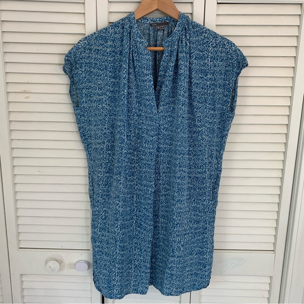 Vince Blue Speckled 100% Silk Tunic Top Cap Sleeve Split V-Neck Pocket Blouse XS